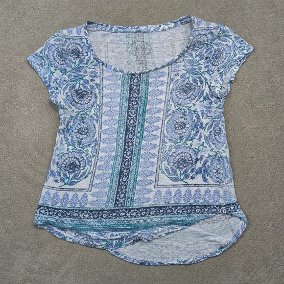 Lucky Brand Top Womens XS Blue Floral Paisley Burnout High Low Hem Short Sleeve — photo 2